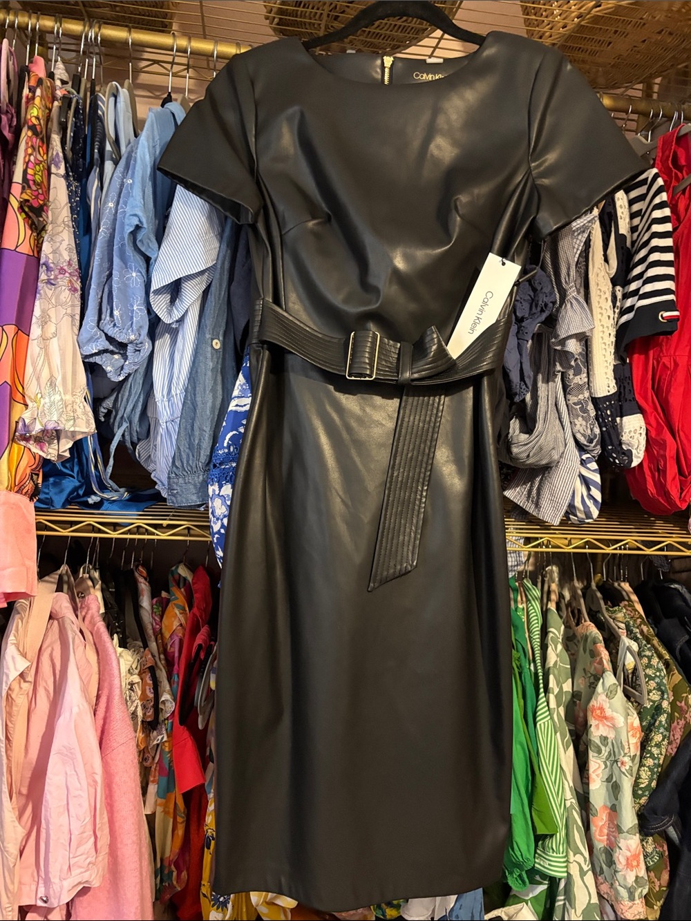 Calvin Klein Black Faux Leather Belted Dress